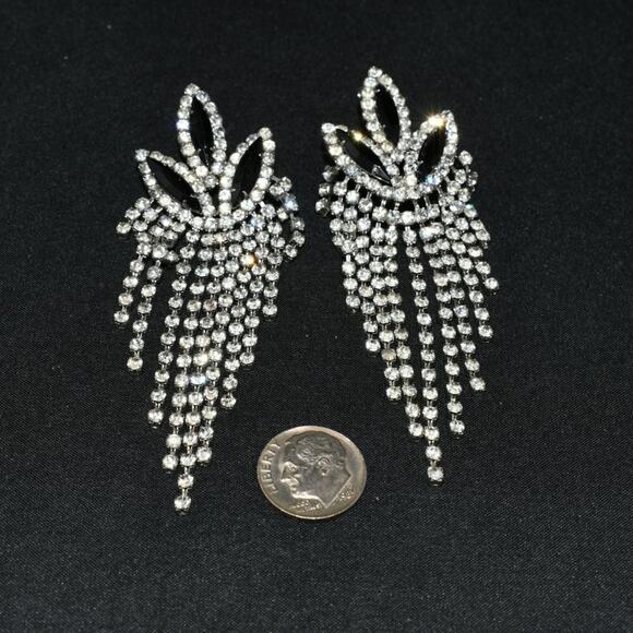 Vintage Black Rhinestone Floral Chandelier Earrings Long Dangle Fringe 3.5” - Picture 9 of 10